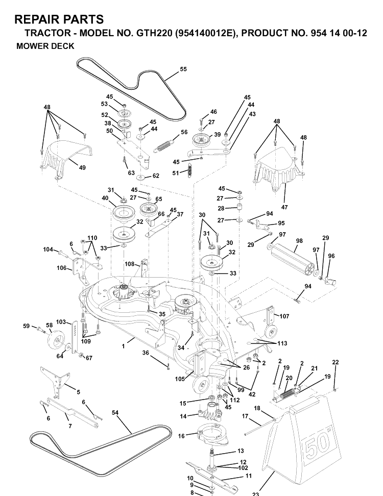 Mower Deck / Cutting Deck Diagram and Parts List for GTH220 (954140012E)(1998-09) Husqvarna Lawn Tractor