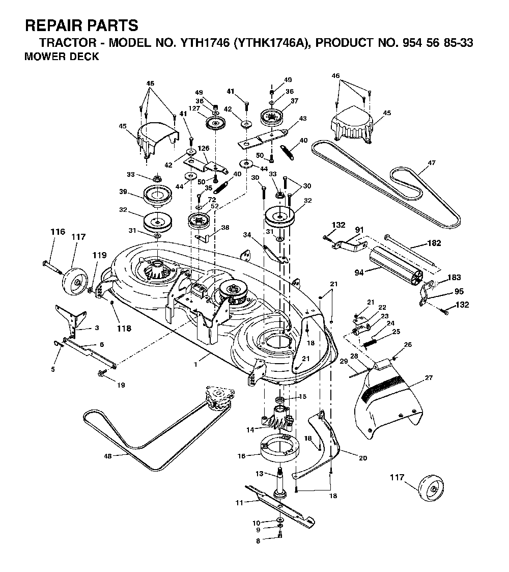 Mower Deck / Cutting Deck Diagram and Parts List for YTH1746A (954568533)(2002-01) Husqvarna Lawn Tractor