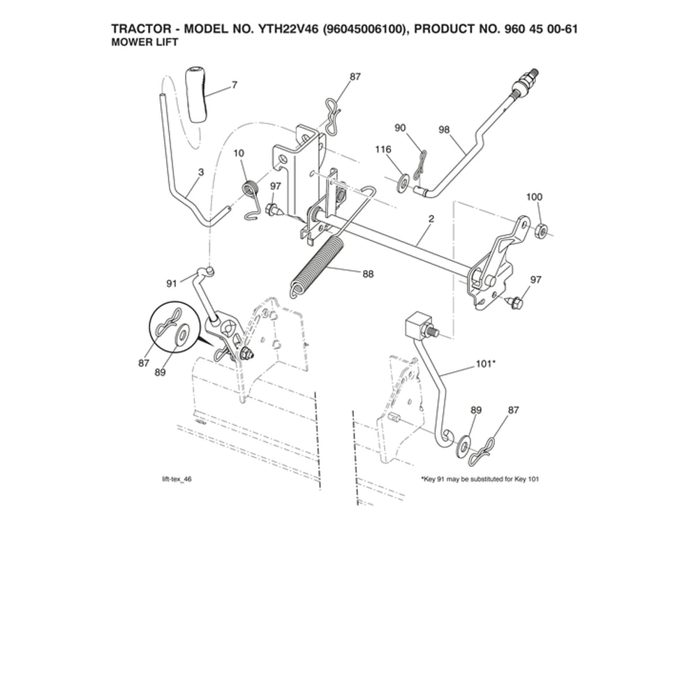 Mower Lift Diagram and Parts List for YTH22V46-96045006100  Husqvarna Lawn Tractor