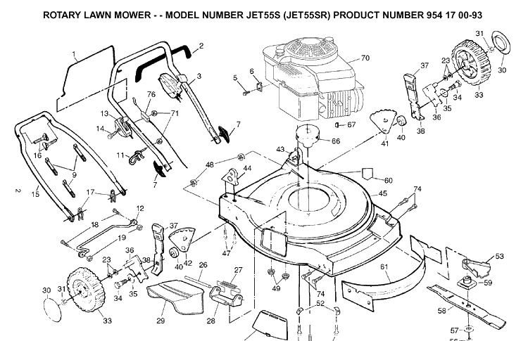 Frame And Engine Diagram and Parts List for JET55-JET55SR 2003-01 Husqvarna Lawn Mower