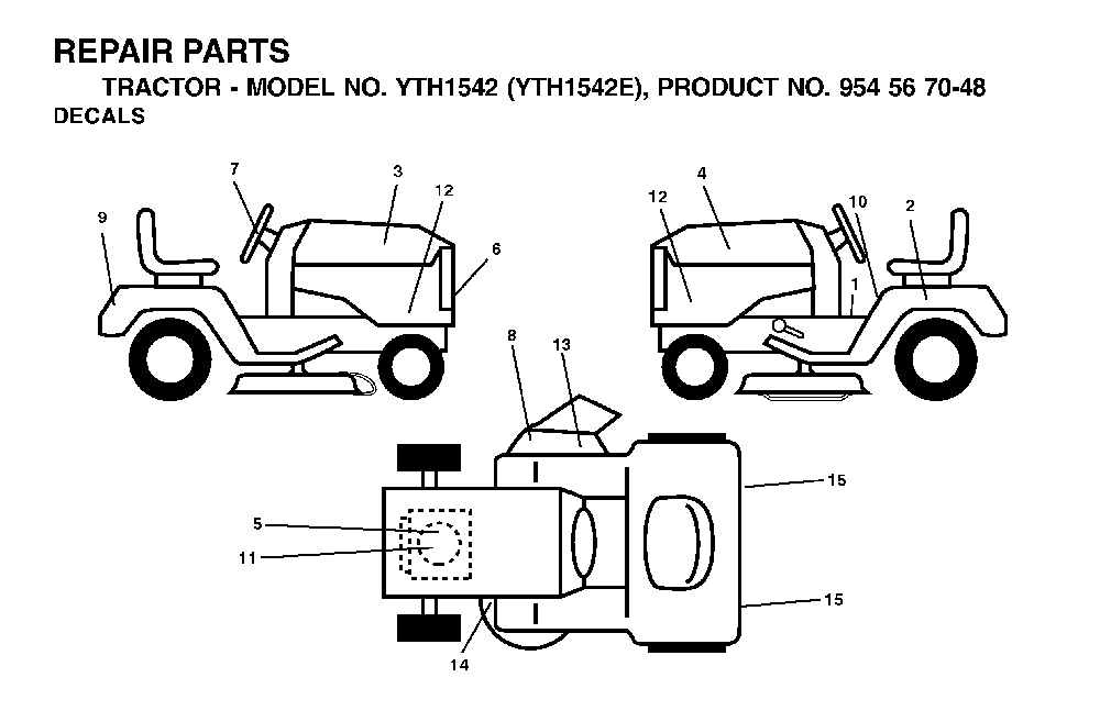 Decals Diagram and Parts List for YTH1542E (954567048)(2001-12) Husqvarna Lawn Tractor