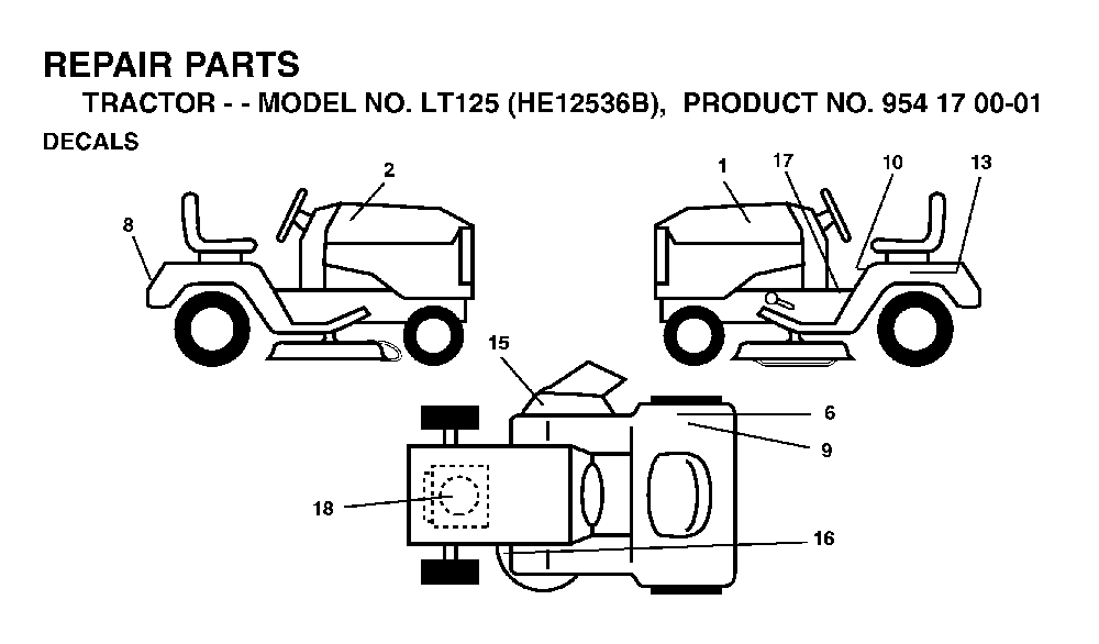 Decals Diagram and Parts List for LT125 (HE12536B, 954170001)(1996-10) Husqvarna Lawn Tractor