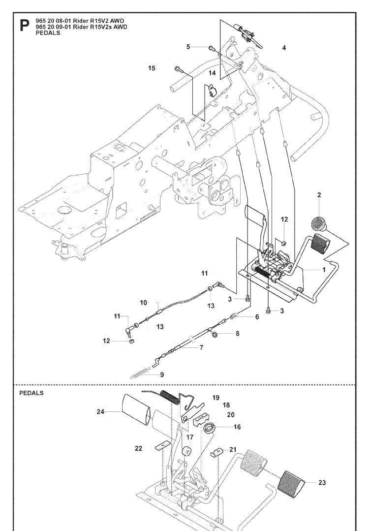 Pedals Diagram and Parts List for RIDER15V2AWD (965200901)(2008-01) Husqvarna Lawn Mower