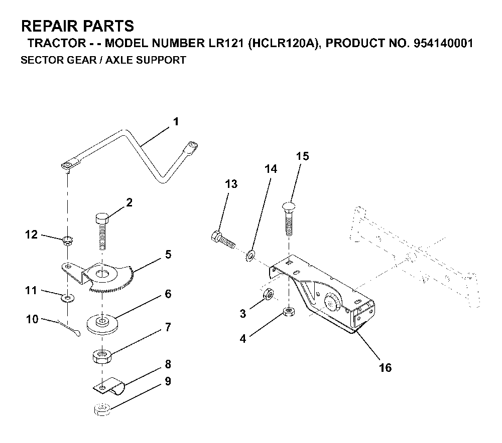 Sector Gear / Axle Support Diagram and Parts List for LR121 (HCLR120A, 954140001)(1996-08) Husqvarna Lawn Tractor