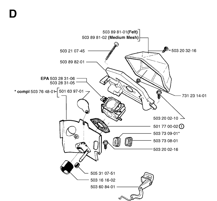 Carburetor And Air Filter Diagram and Parts List for 55 20001900001-Current Husqvarna Chainsaw