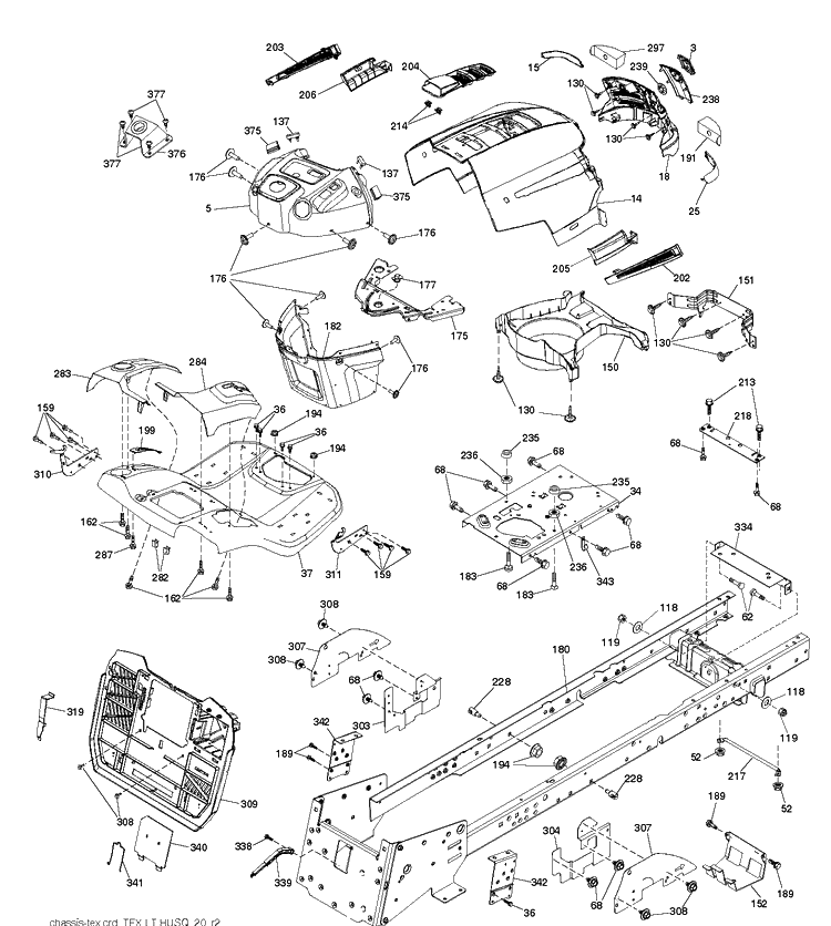 Chassis And Enclosures Diagram and Parts List for TC138 (96051017900)(2018-07) Husqvarna Lawn Tractor
