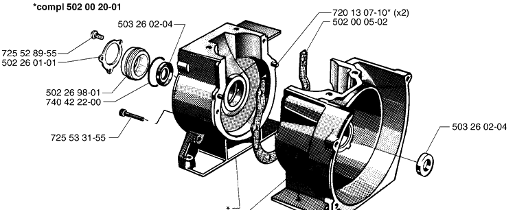 Crankcase Assembly Diagram and Parts List for 265RX 1999-03 Husqvarna Brush Cutter
