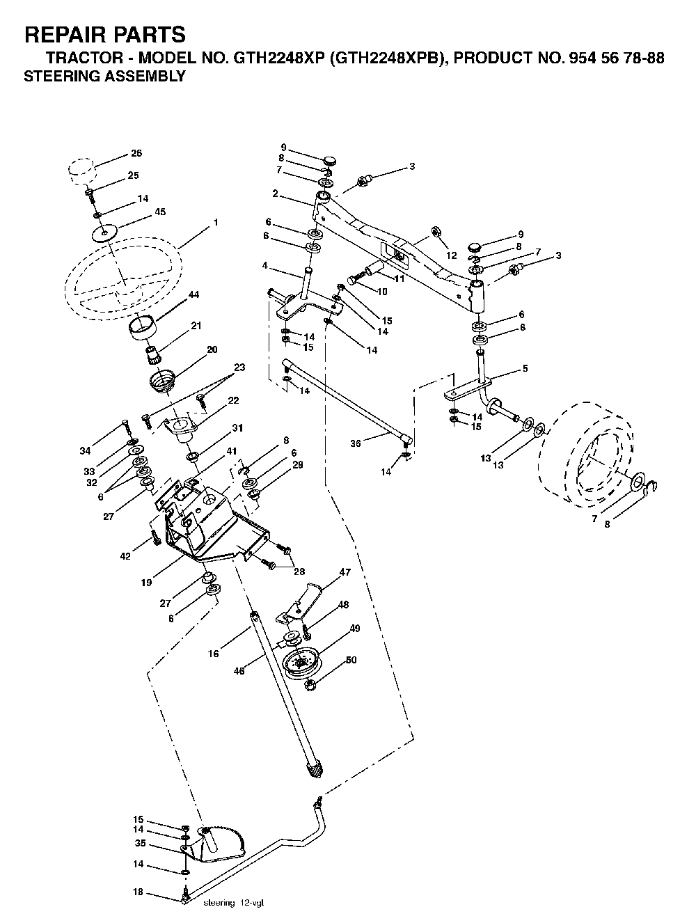 Steering Diagram and Parts List for GTH2248XP (GTH2248 XPB, 954567888)(2003-05) Husqvarna Lawn Tractor