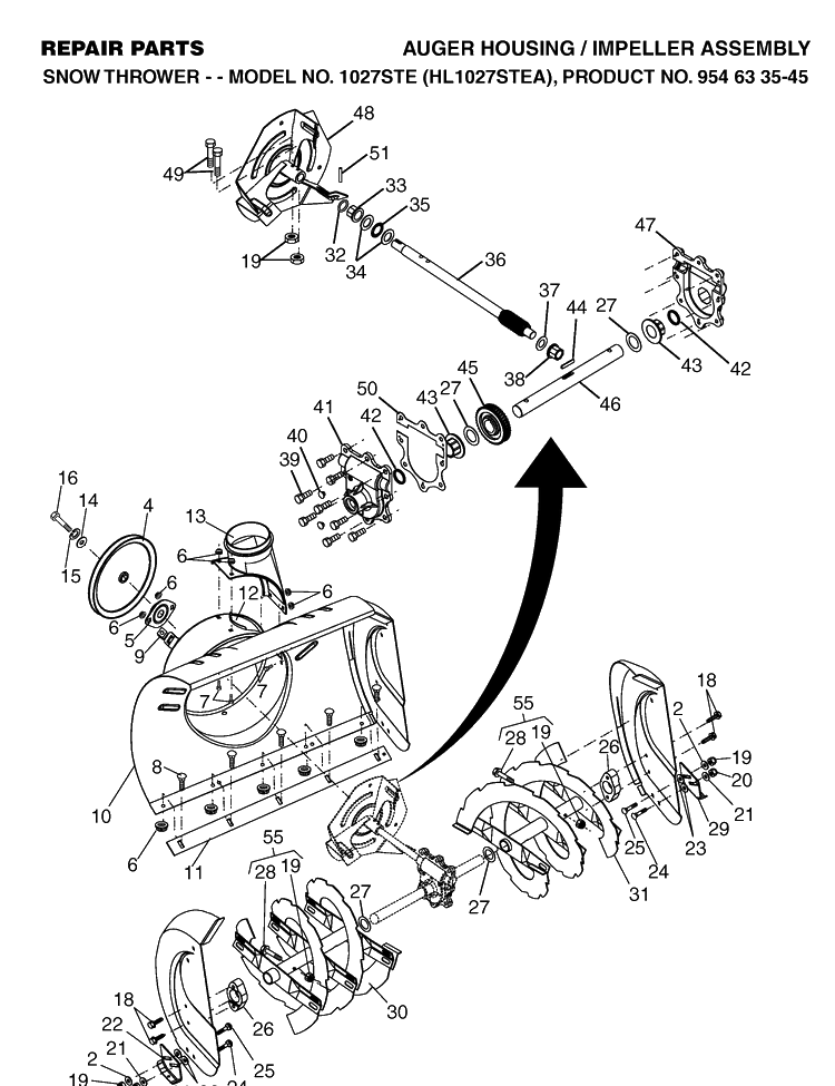 Auger Housing And Impeller Diagram and Parts List for 1027STE (10527STE)(2004-03) Husqvarna Snow Blower