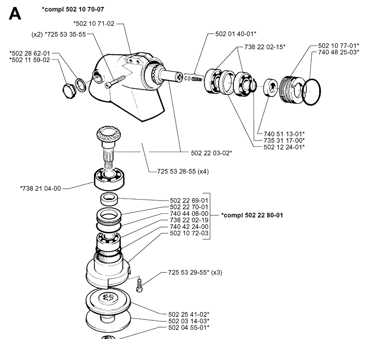 Bevel Gear Diagram and Parts List for 265RX 19991000001-20012600000 Husqvarna Brush Cutter