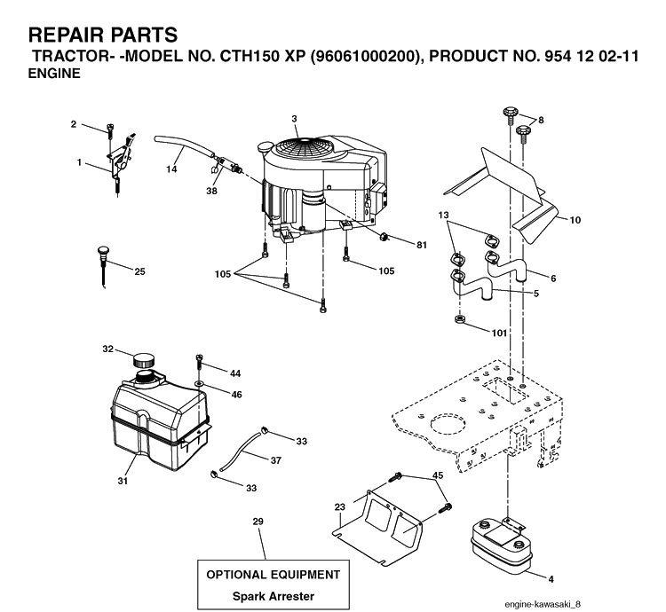 Engine Diagram and Parts List for CTH150XP (96061000200)(2005-01) Husqvarna Lawn Tractor