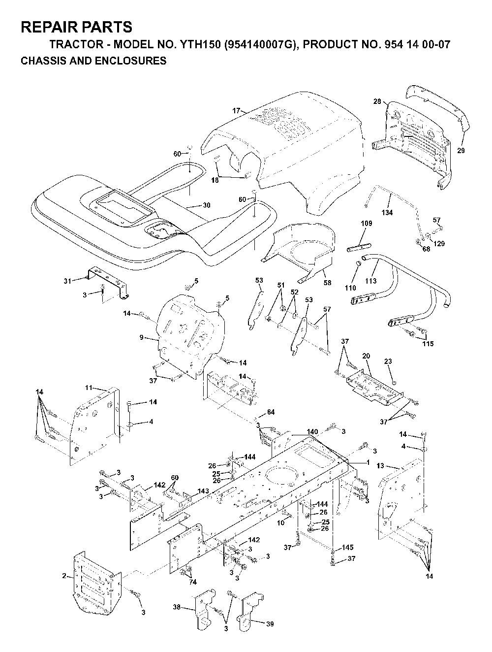 Chassis And Enclosures Diagram and Parts List for YTH150 (954140007G, 954140007)(1998-09) Husqvarna Lawn Tractor