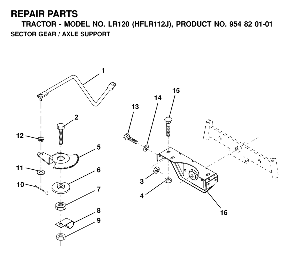 Sector Gear / Axle Support Diagram and Parts List for LR120 (954820101-J)(2000-02) Husqvarna Lawn Tractor