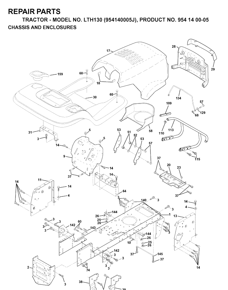 Chassis And Enclosures Diagram and Parts List for LTH130 (954140005J)(1998-10) Husqvarna Lawn Tractor