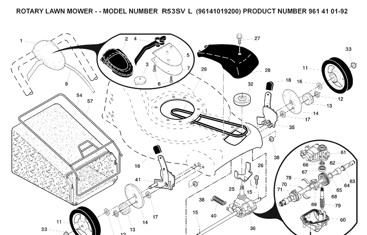 Drive Diagram and Parts List for R53SVL 96141019200 Husqvarna Lawn Mower