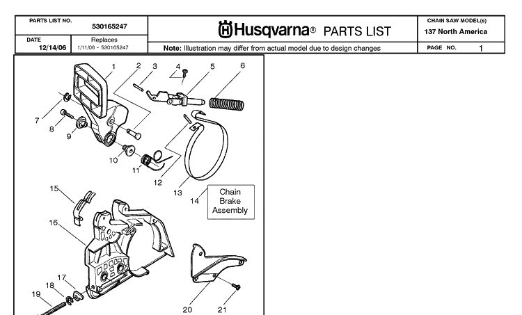 Chain Brake Diagram and Parts List for 137 20064900001-20070100000 Husqvarna Chainsaw