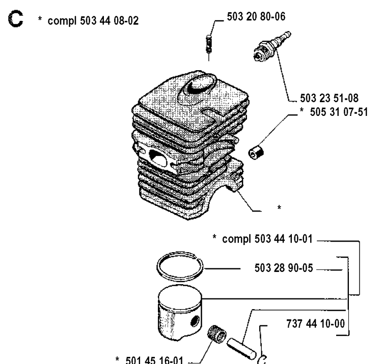 Cylinder Piston Diagram and Parts List for 45 19912200001-19952300000 Husqvarna Chainsaw