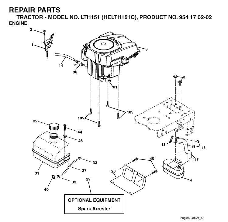 Engine Diagram and Parts List for LTH151 (HELTH151C)(2004-09) Husqvarna Lawn Tractor