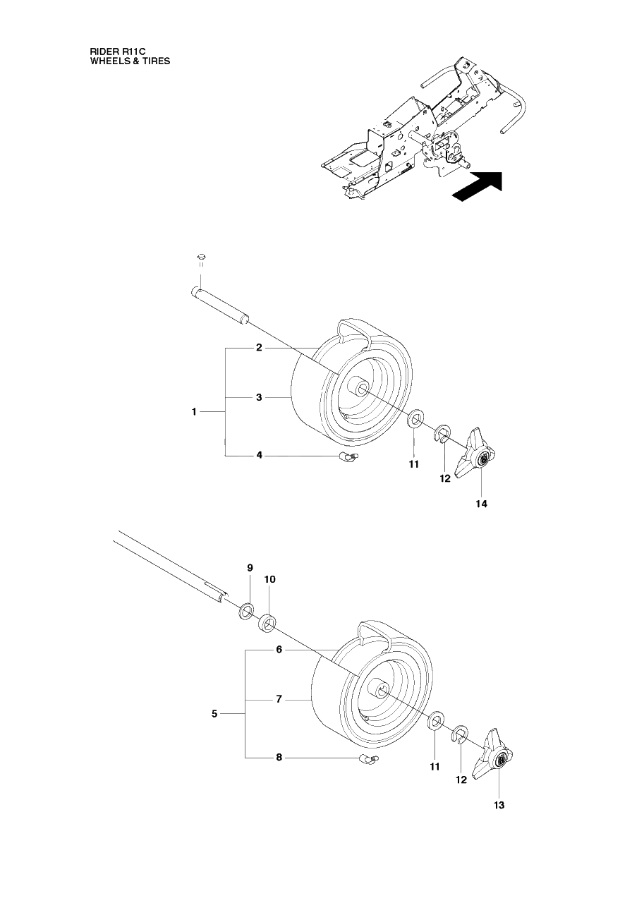 Wheels And Tires Diagram and Parts List for R11C (965094201)(2010-07) Husqvarna Lawn Tractor