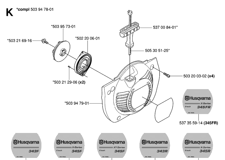 Starter Diagram and Parts List for 343R 20064000001-20103600000 Husqvarna Brush Cutter