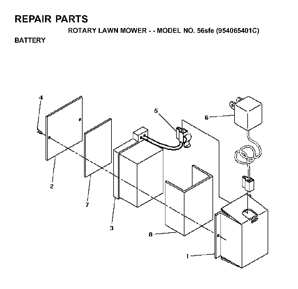 Battery Diagram and Parts List for 56SFE (954065401C)(1995-04) Husqvarna Lawn Mower