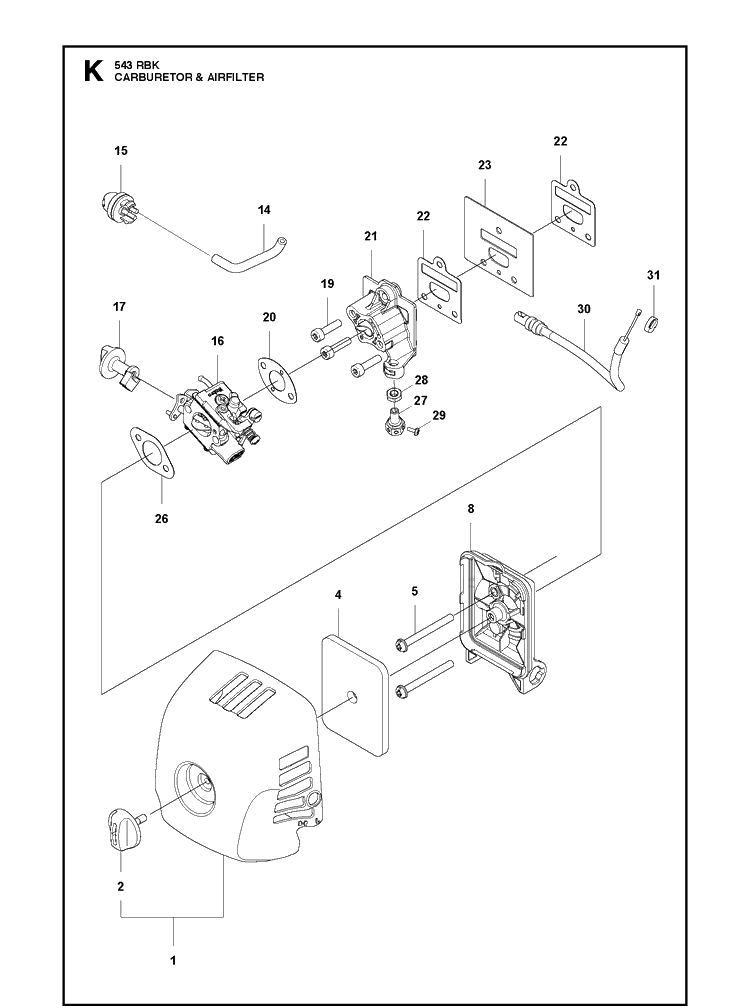 Carburetor And Air Filter Diagram and Parts List for 543RBK 20130500001-20182200000 Husqvarna Brush Cutter