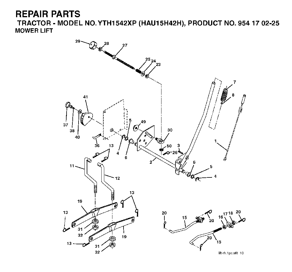 Mower Lift / Deck Lift Diagram and Parts List for YTH1542XP (HAU15H42H, 954170225)(2004-09) Husqvarna Lawn Tractor