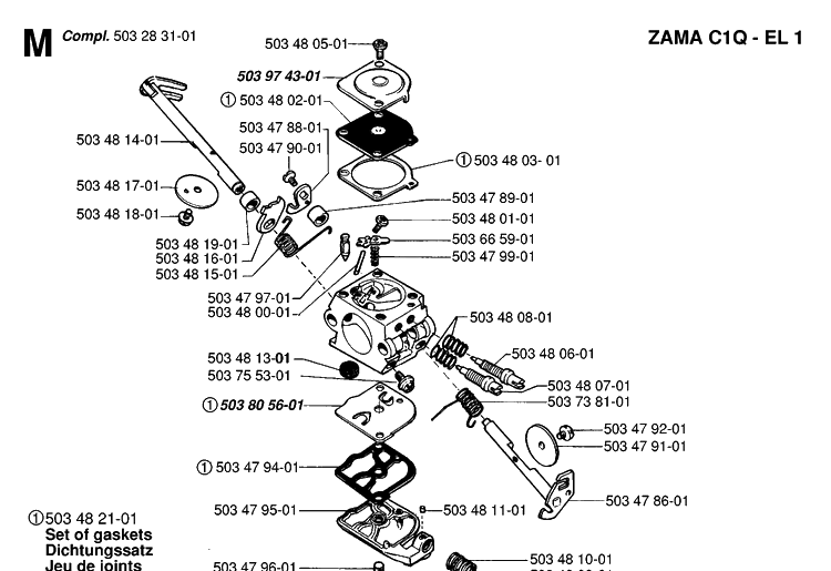 Carburetor Details Diagram and Parts List for 49 19981800001-20013499999 Husqvarna Chainsaw