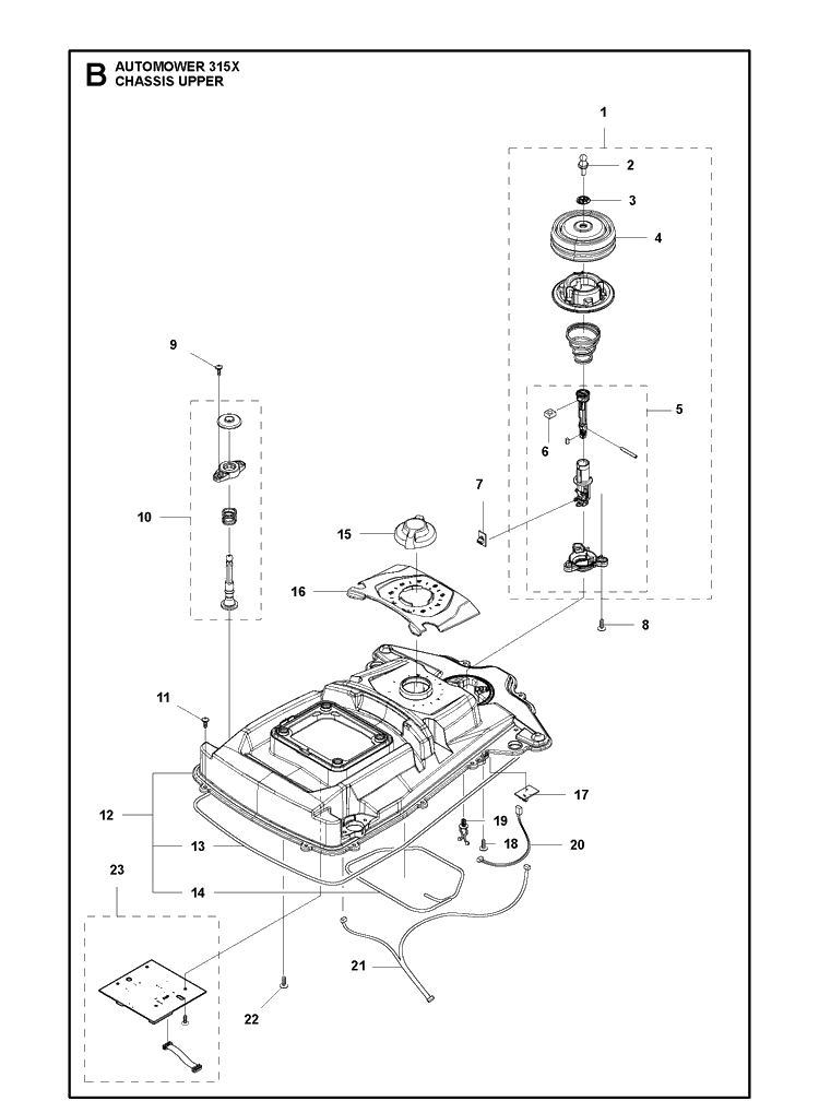 Chassis Upper Diagram and Parts List for 315X 2020 Husqvarna Lawn Mower