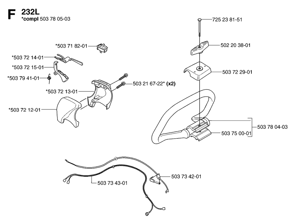 Handle And Controls Diagram and Parts List for 232R 20144900001 & Above Husqvarna Trimmer