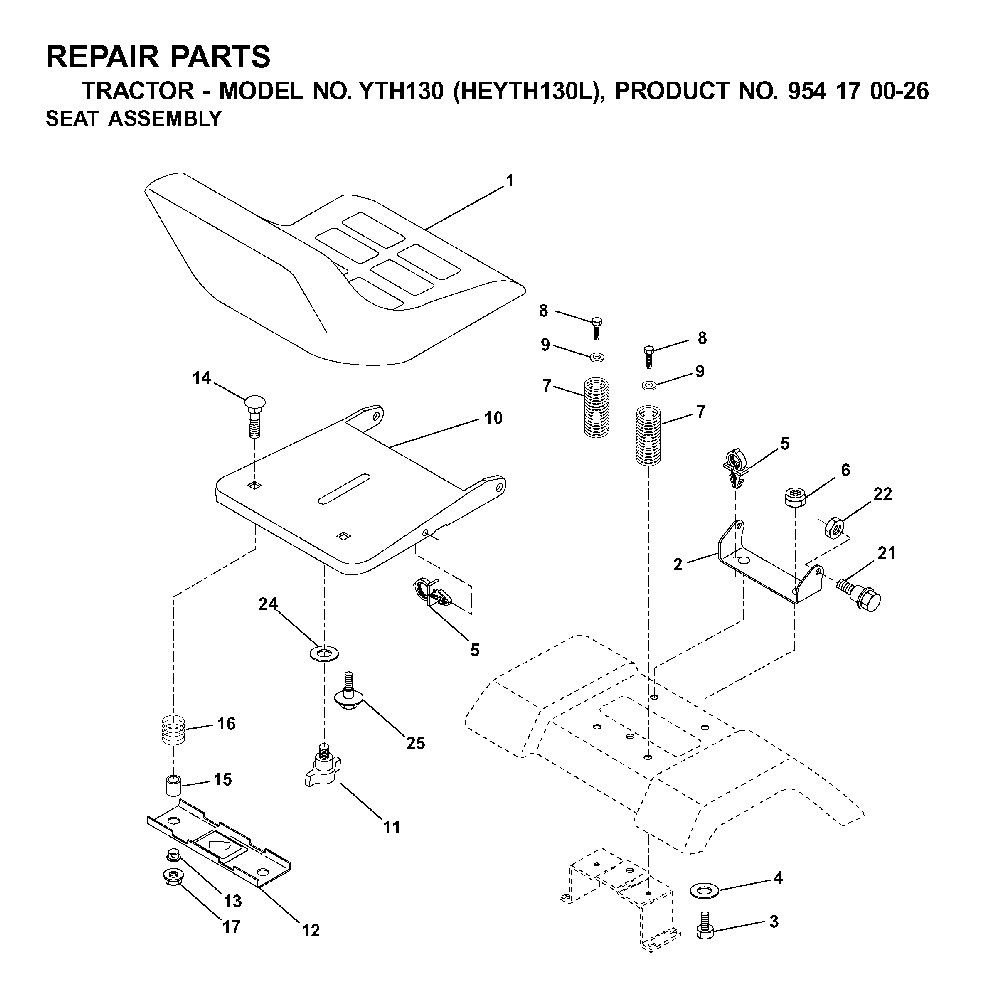 Seat Diagram and Parts List for YTH130 (HEYTH130L, 954170026)(2001-09) Husqvarna Lawn Tractor