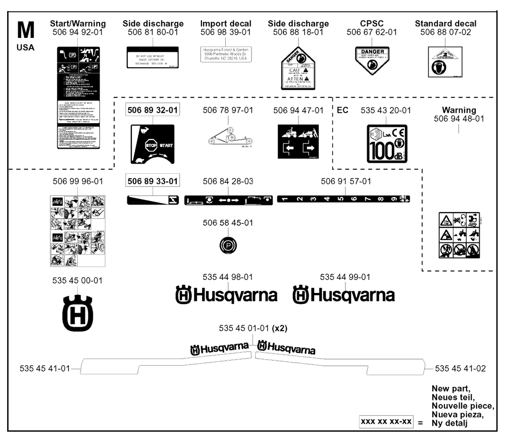 Decals Diagram and Parts List for R15-V2 (953533701)(2004-02) Husqvarna Lawn Tractor