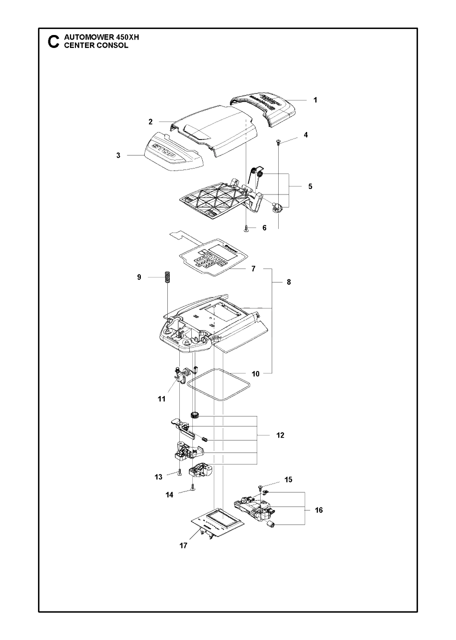 Center Consol Diagram and Parts List for 450XH 2020 Husqvarna Lawn Mower