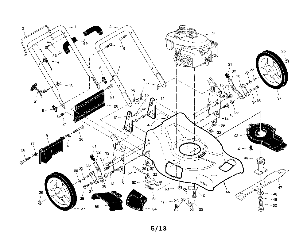 Engine/housing/handle Diagram and Parts List for 96143000108  Husqvarna Lawn Mower