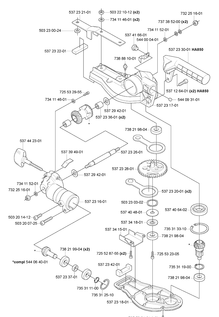Gearbox Diagram and Parts List for HA110 2005-09 Husqvarna Hedge Trimmer