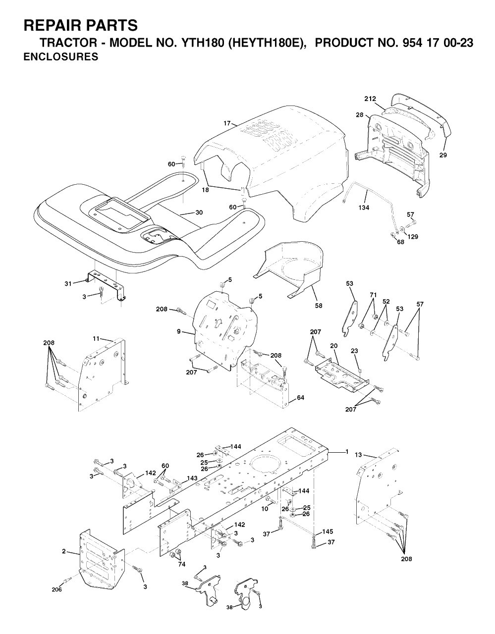 Chassis And Enclosures Diagram and Parts List for YTH180 (954170023-E)(2001-01) Husqvarna Lawn Tractor