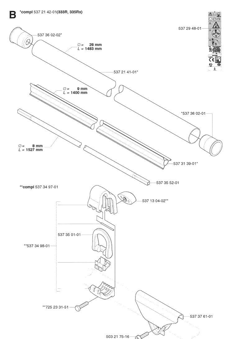 Shaft 2 Diagram and Parts List for 335RX 20064000001-20070100000 Husqvarna Brush Cutter