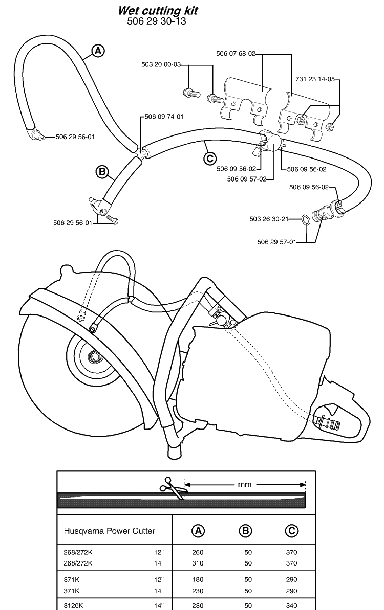 Wet Cutting Kit Diagram and Parts List for KV03 (371 K)(3210 K)(1999-09) Husqvarna Lawn Tractor Accessories