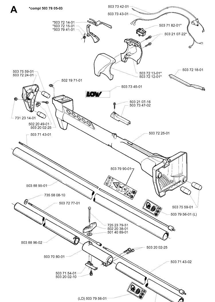 Shaft And Handle Diagram and Parts List for 225L 19970500001-20004000000 Husqvarna Edger