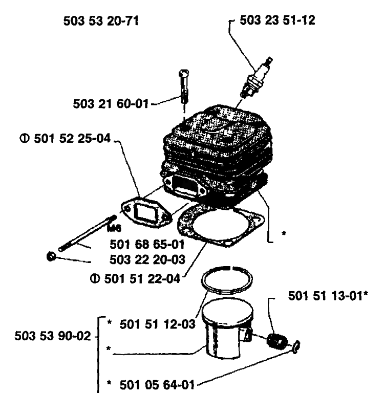 Piston/Cylinder Diagram and Parts List for 61 1989-02 Husqvarna Chainsaw