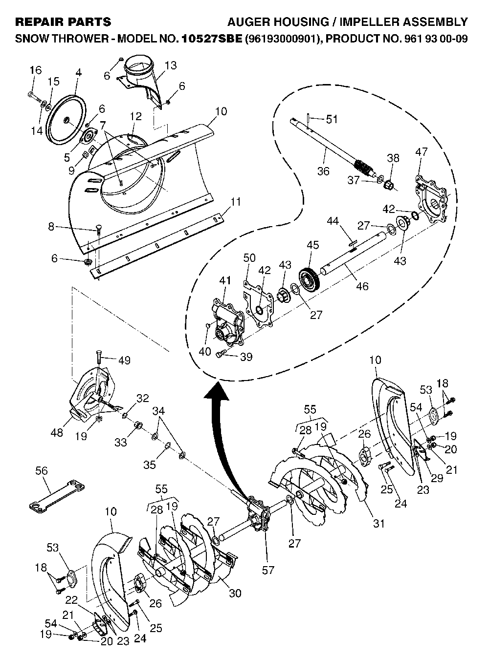 Auger Housing And Impeller Diagram and Parts List for 10527SBE (96193000901, 961930009)(2006-05) Husqvarna Snow Blower