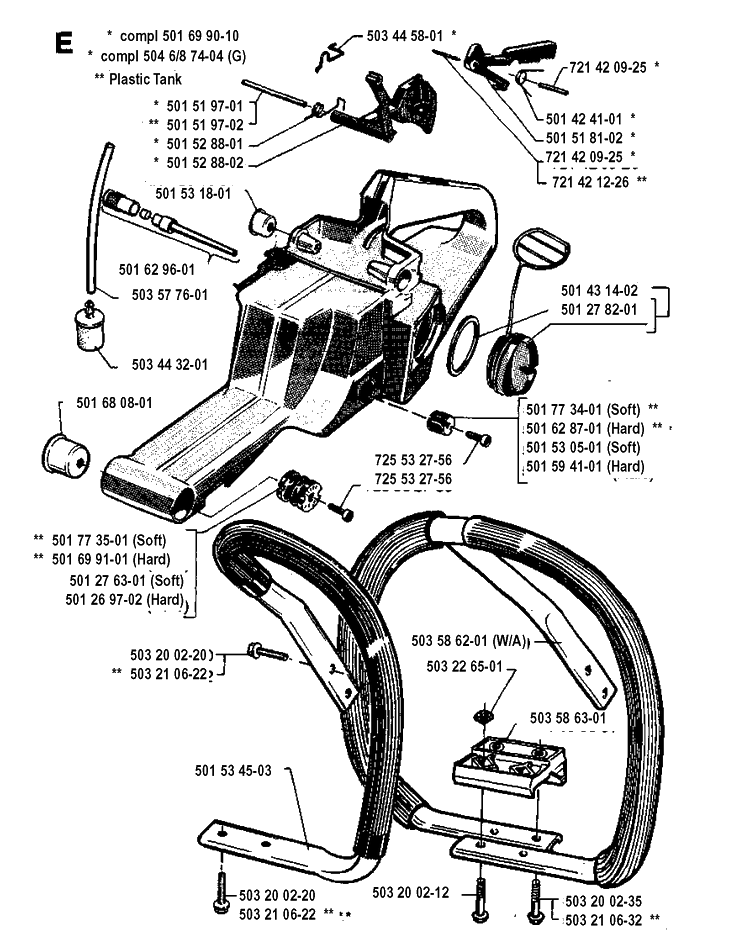 Fuel Tank And Handle Diagram and Parts List for 272XP 19930100001-19970100000 Husqvarna Chainsaw