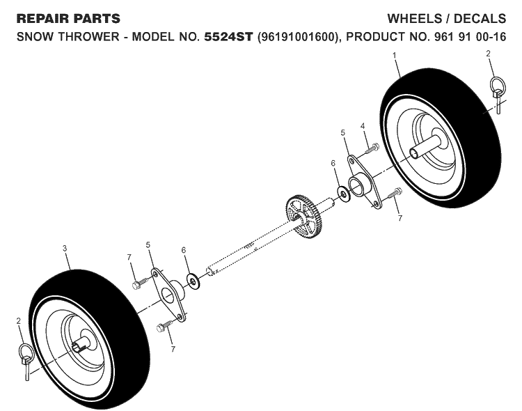 Wheels And Tires Diagram and Parts List for 5524ST (96191001600)(2007-07) Husqvarna Snow Blower