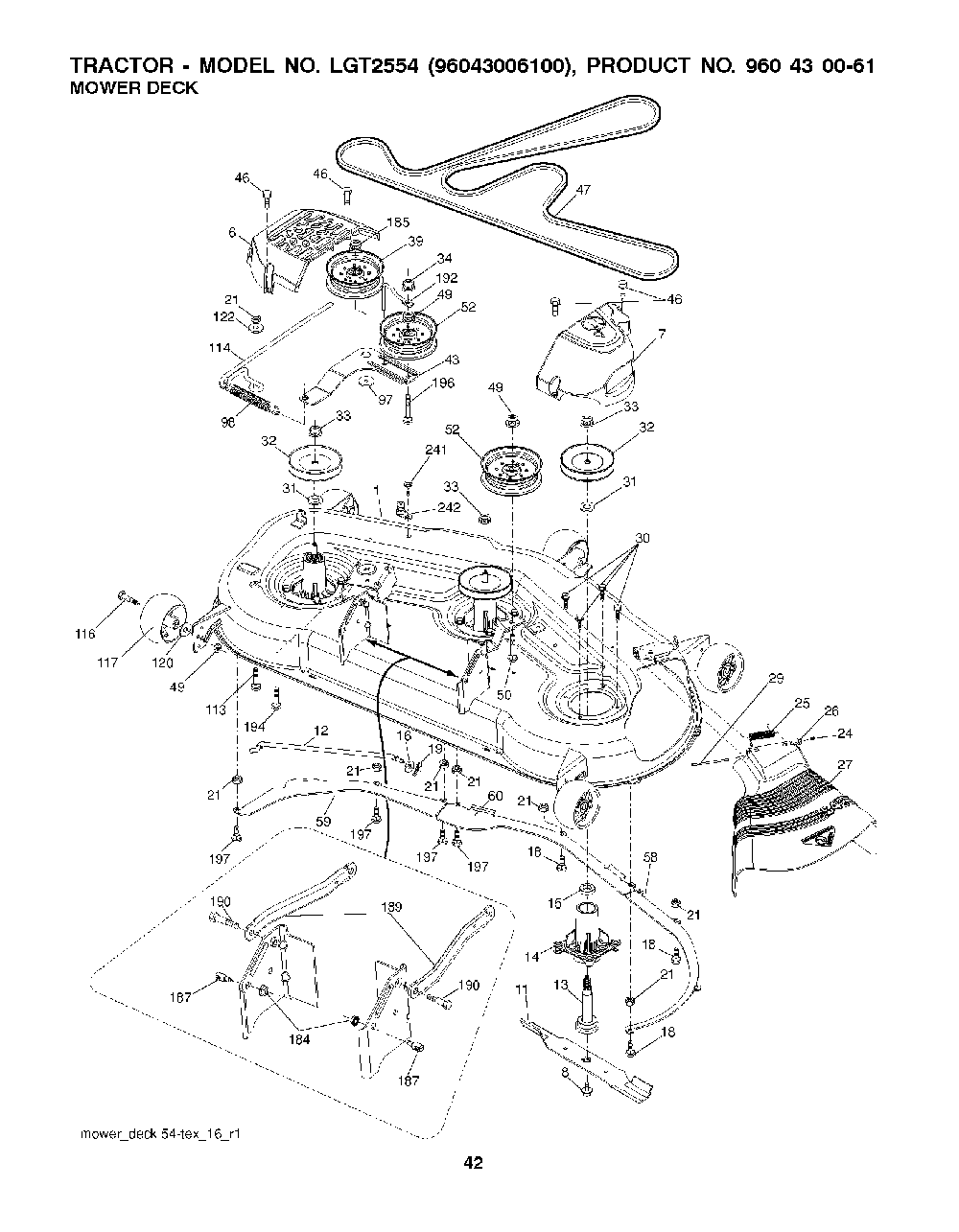 Mower Deck / Cutting Deck Diagram and Parts List for LGT255496043006100 2008-12 Husqvarna Lawn Tractor