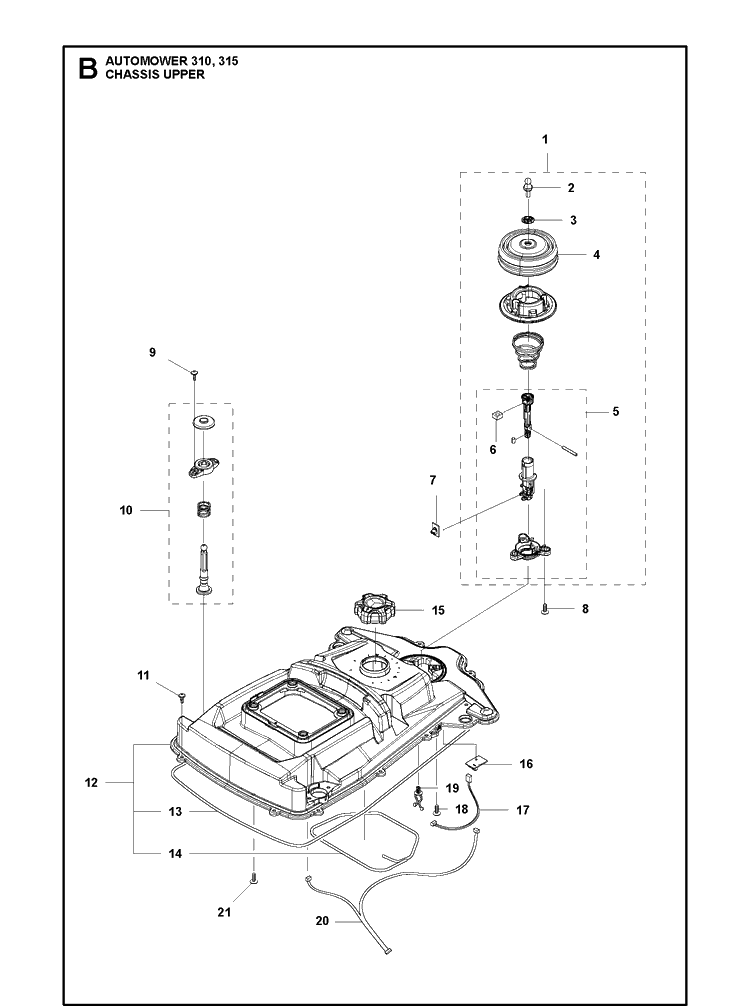 Chassis Upper Diagram and Parts List for 310 2020 Husqvarna Lawn Mower