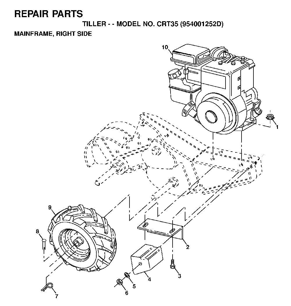 Mainframe, Right Side Diagram and Parts List for CRT35 (954001252D)(1996-03) Husqvarna Tiller