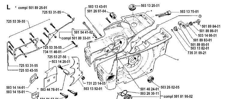 Crankcase Diagram and Parts List for 3120 19900100001-19942300000 Husqvarna Chainsaw