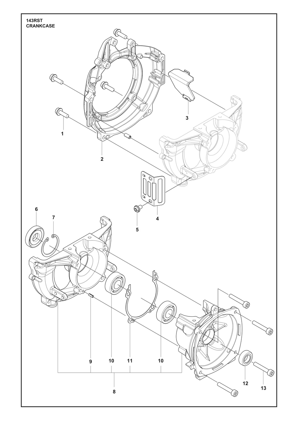 Crankcase Diagram and Parts List for 143RST  Husqvarna Brush Cutter