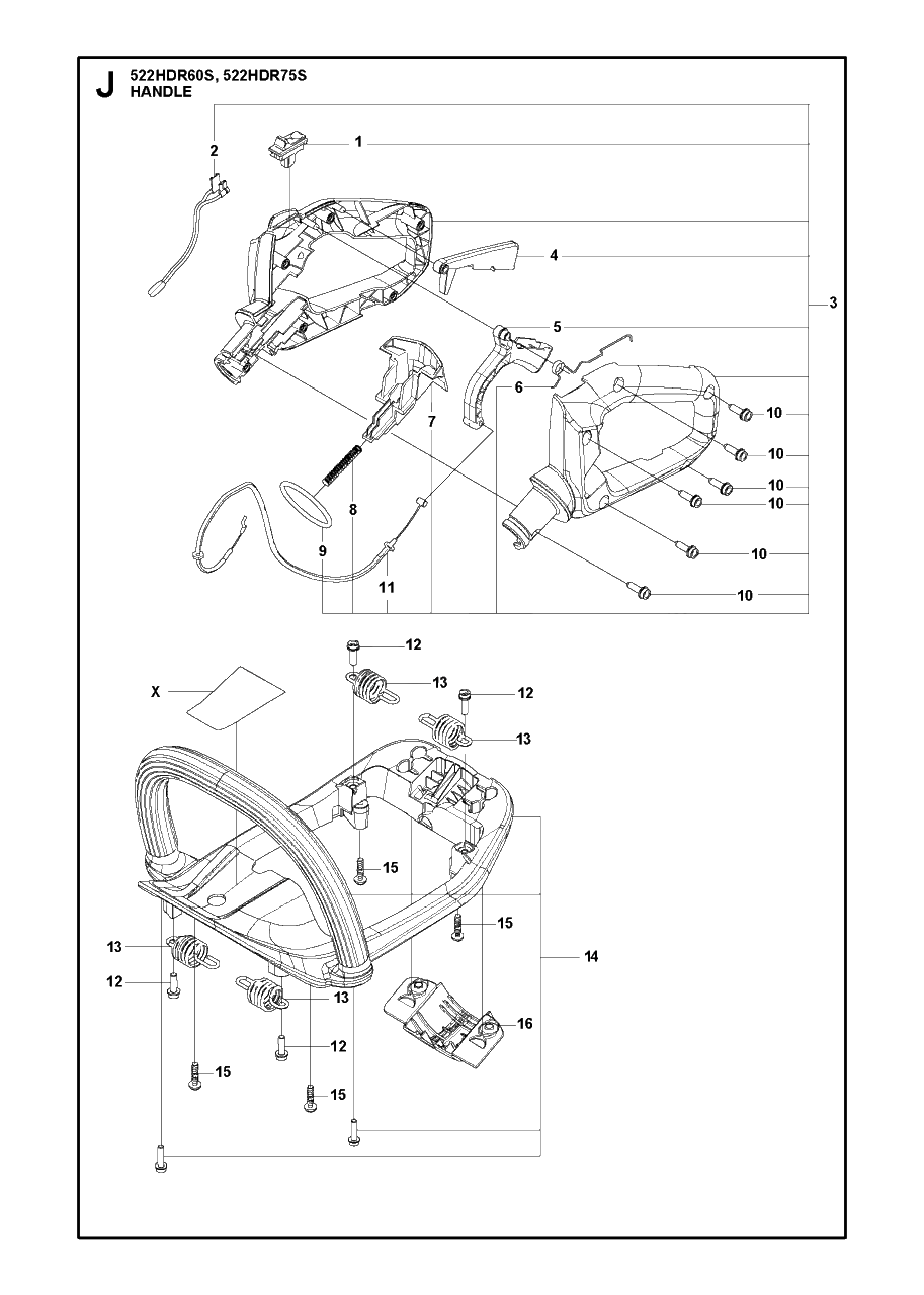 Handle And Controls Diagram and Parts List for 522HDR 60-75 S Husqvarna Hedge Trimmer