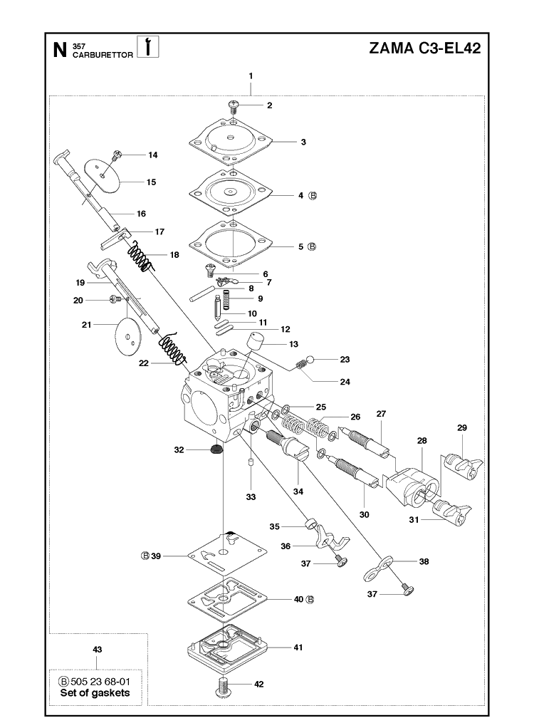 Carburetor Diagram and Parts List for 357XP 20100600001-20111800000 Husqvarna Chainsaw